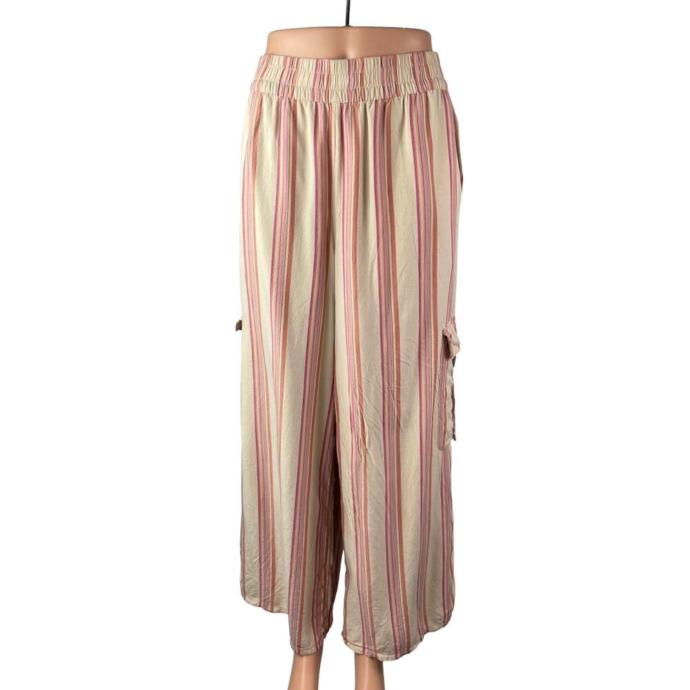 American Eagle Women's Stripe High Rise Palazzo Wide Leg Cargo Trousers Pants L